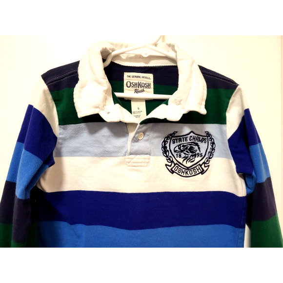 OshKosh Rugby Shirt Boys Size 5 Blue Green White Striped Long Sleeves Collared - Picture 3 of 7